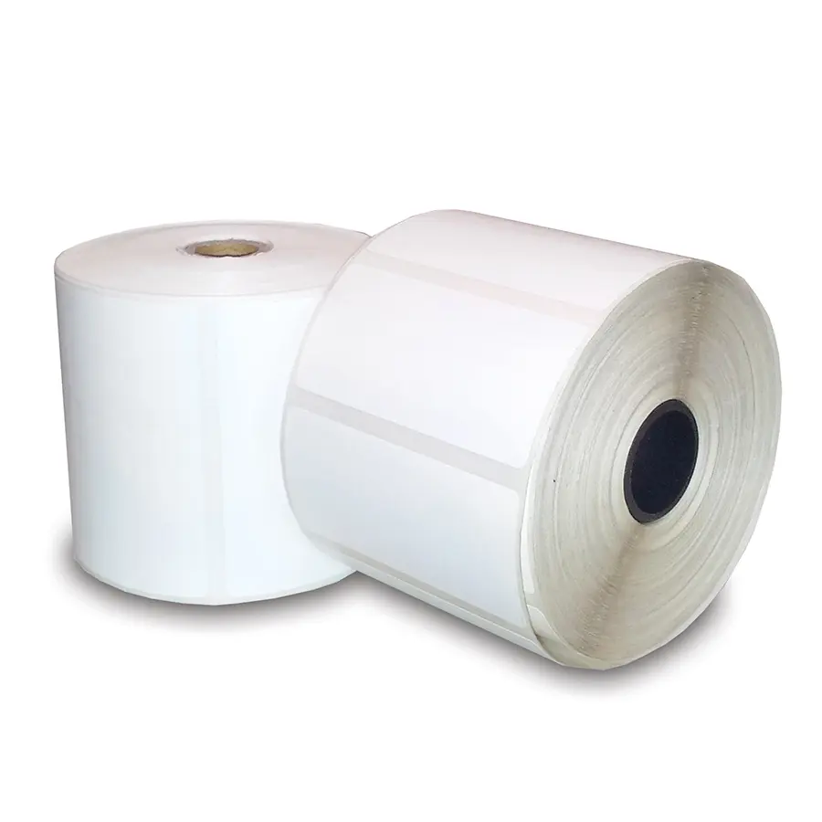 Etiquetas de papel de código de barras térmicas directas blancas en blanco, rollos de pegatinas para impresora cebra, venta al por mayor