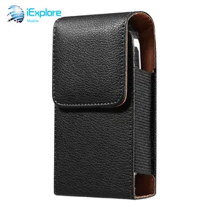 iExplore manufacturer universal flip cover litchi pattern PU leather vertical waist hanging holster phone case for smart phone