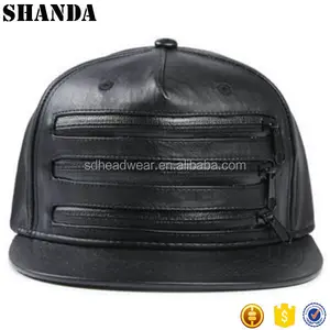 Custom negro SnapBack sombreros de cuero con cremallera, cremallera cuero SnapBack cap, llanura SnapBack de cuero negro con cremallera al por mayor