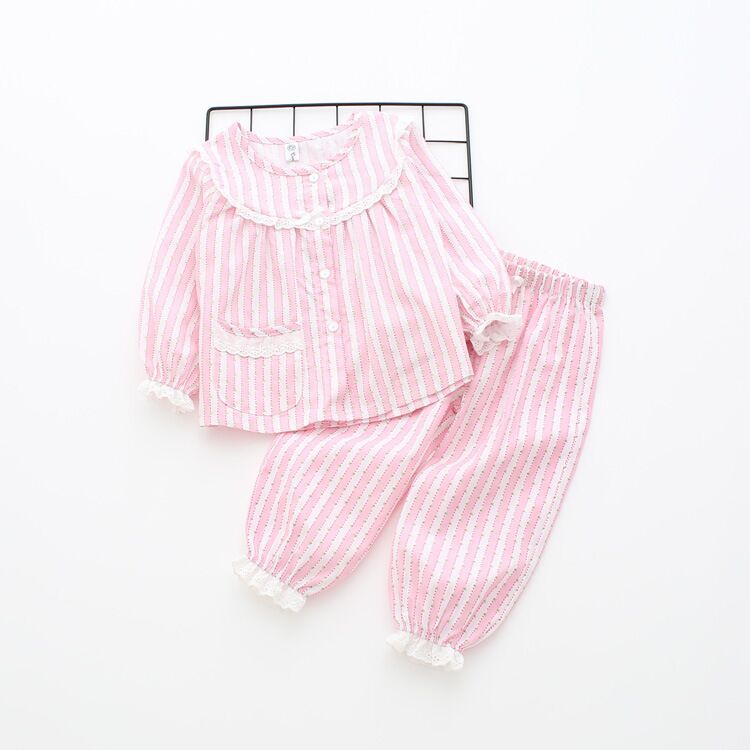 Милая одежда, детская одежда для сна для девочек, кружевная пижама в полоску, повседневная Хлопковая пижама для девочек