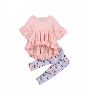 Pink Ruffler Half Sleeve Dress And Floral Leggings Baby Cotton Clothing Sets Girl Dress Set For Infant