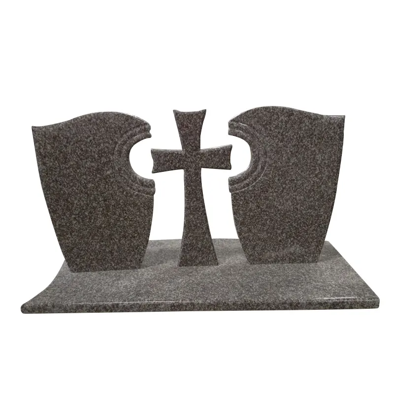 Giá Rẻ Xám Đá Tự Nhiên Tombstone Giá, 3 Người Tượng Đài Tombstone Với Cross/