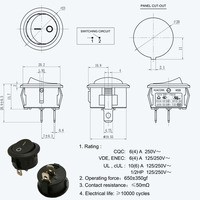 Interrupteur à bascule rond 20 mm 2 broches 2 positions ON-OFF SPST 6A/250V 10A/125V AC IP53 Plastique T85 1e4