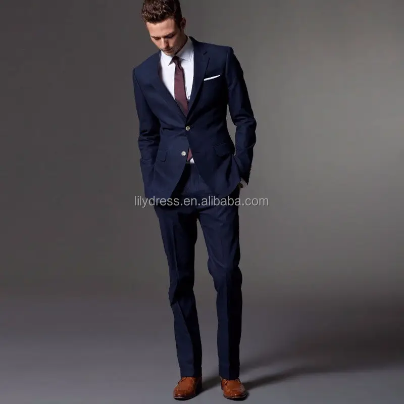 Traje de boda de dos botones HD002 para hombre, traje azul oscuro hecho a medida, ajustado, para novio