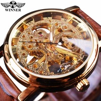 Winner Nouveau design Montre-bracelet pour hommes Cadran creux Bracelet en cuir Boîtier en alliage Montres mécaniques automatiques