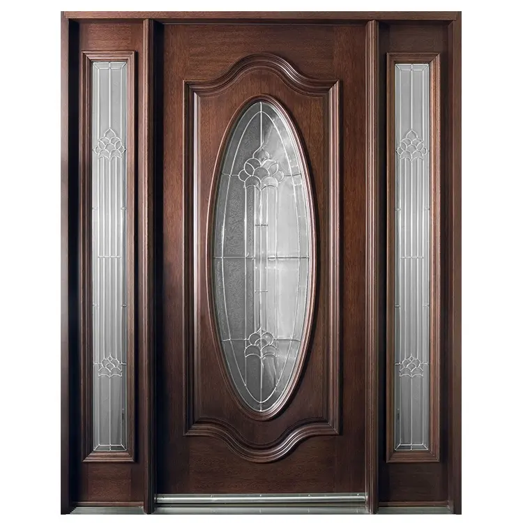 Entrada de casa de lujo diseños tradicionales puerta delantera de madera de vidrio medio ovalado