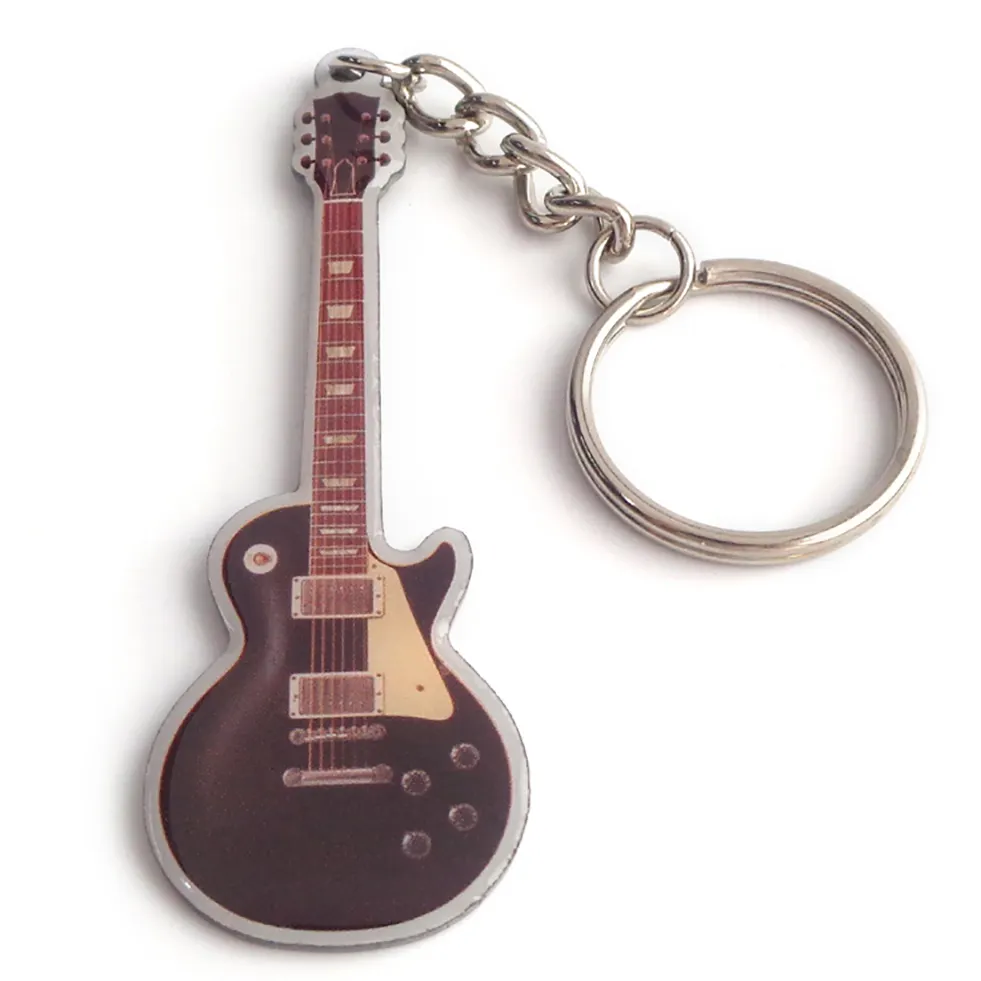 カスタムの新しいプリントお土産ギターシェイププリントメタルキーホルダー