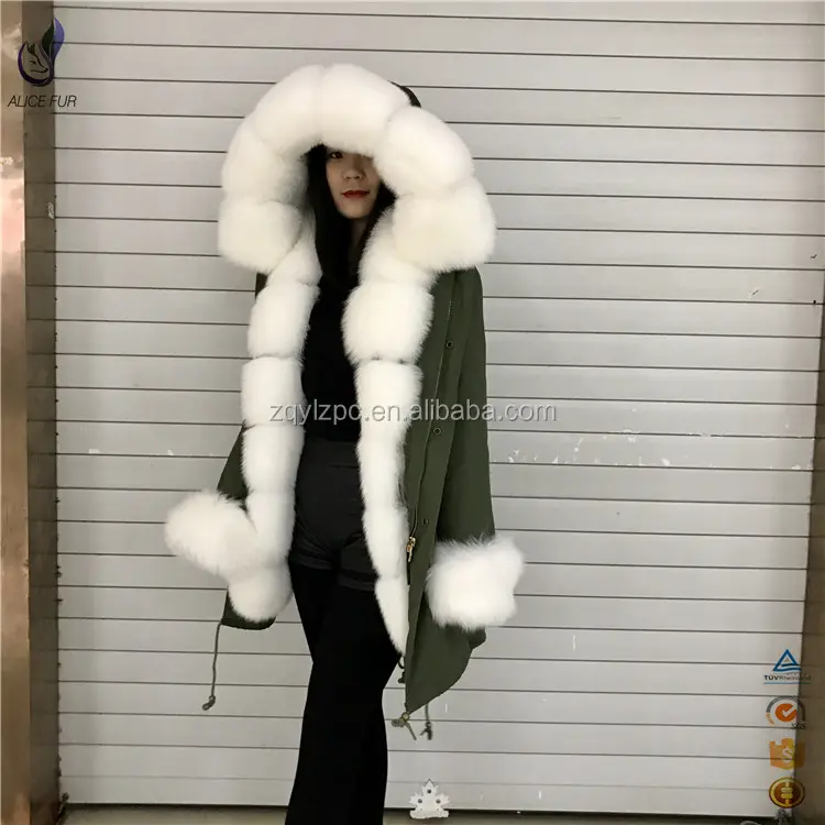 جديد تصميم السترات المرأة 2017 الشتاء سترة الفراء الحقيقي سترة مع كبير الثعلب الفراء هود تريمينغ