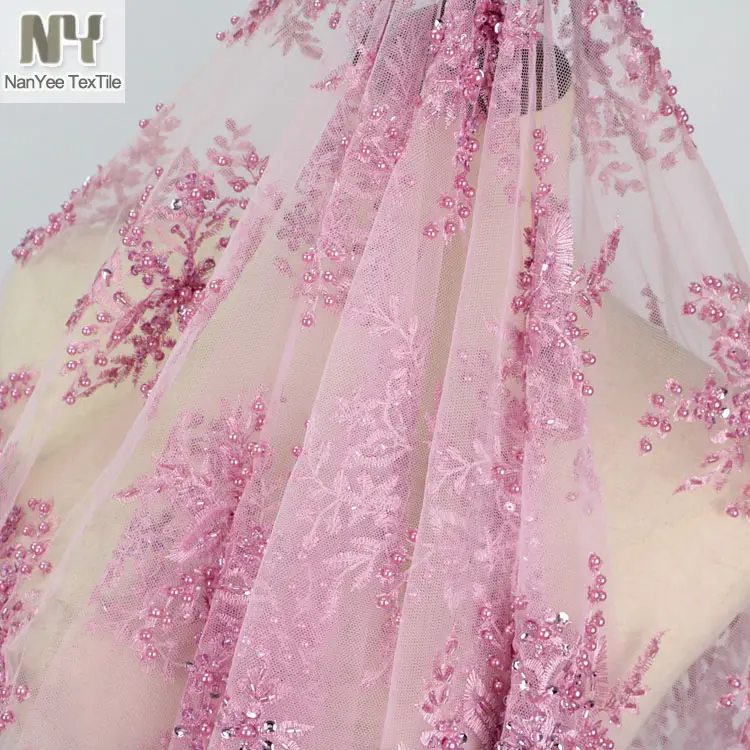 טקסטיל Nanyee מותאם אישית שנעשה ורוד חרוזים אלגנטיים בד שמלת כלה