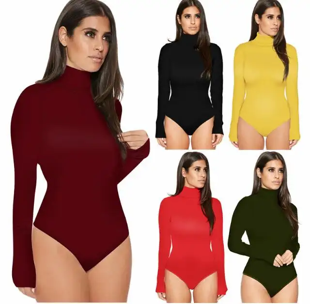 Coltrui Bodysuit Tops Vrouwen Lange Mouwen Hoge Kraag Bodysuits Body Femme Solid Een Stuk Romper Overall EYD3501