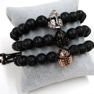 Natural Semi貴石Lava Stone Bead Roman Warrior Bracelet、Gladiator Head Bracelet、Black Onyx Beaded Bracelet