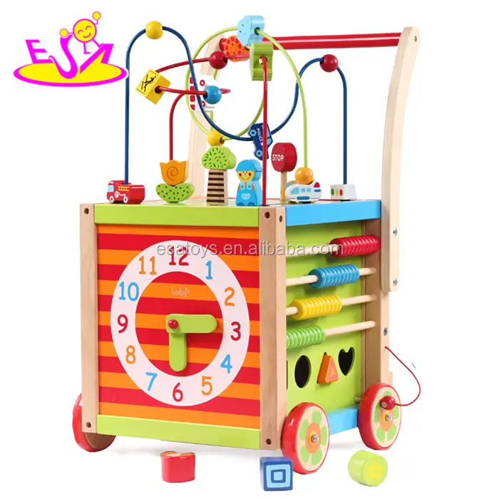 Juguete de empuje de madera con cuentas redondas para bebé, andador de bebé de madera con empuje, juguete de empuje de madera con cuentas de cuerda W16E038