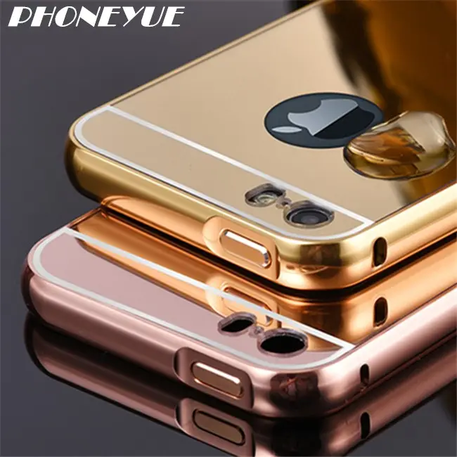 Vergoldete Metall Acryl Aluminium Spiegel Rückseite Stoßstange Handy-Abdeckung Fall für iPhone für Samsung Galaxy S4 S5