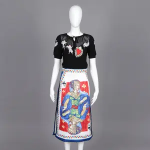 Vintage Tarot Printing Pattern High Quality Ladies Skirt Suits with Sexy Chiffon Blouse Short Sleeve Top and Midi Sequined Skirt