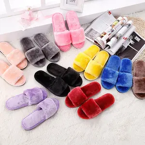 En gros bout ouvert doux mode hiver caoutchouc fausse fourrure confortable semelle dame hommes diapositives en peluche pantoufles pour femmes coton maison chaussures