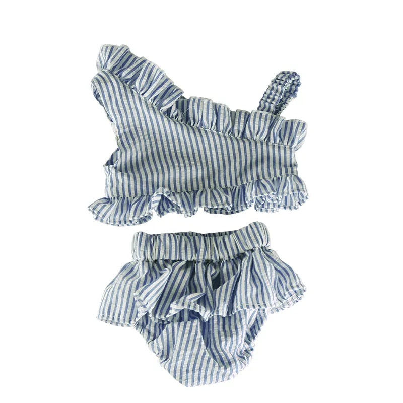 Wholesale Ruffled Swimming Sets Blue Seersucker Striped Cotton Mini Girls Sets Girls Summer Wear