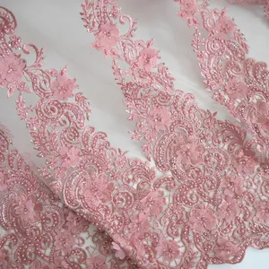 Neue Design Mode rosa 3d Blume Perlen Spitze Stoff mit Perlen und Pailletten Französisch Tüll Spitze Kleid Stoff HY0751-3