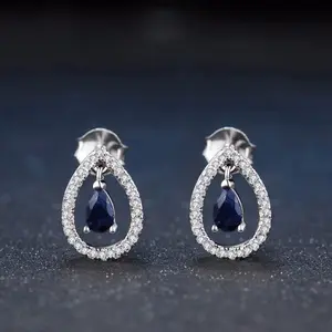 3X5mm Teardrop 100% Natuurlijke Edelsteen 925 Sterling Silver Blue Sapphire Stud Oorbellen S925 Voor Wome EI054