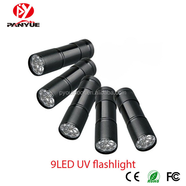 Factory wholesale 9 led uv flashlight purple light mini flash lamp