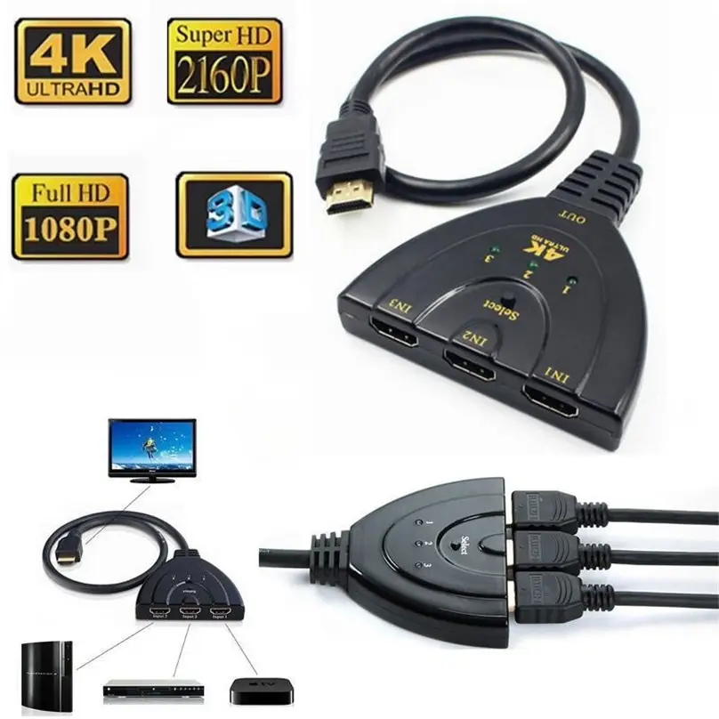 4K 3 Port HDMI Switcher 3x1 1080P 3D HDMI Auto Switch 3 In 1 Out Pigtail Converter out pigtail Cable For DVD HDTV Xbox PS3 PS4