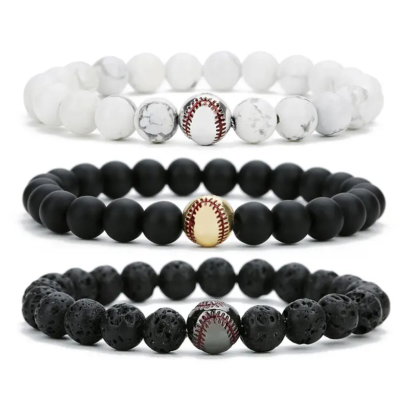 Customizable products 8mm Natural Stone Beads Bracelet For Men Women Black White Color Elastic Rope Baseball Charm Bracelets