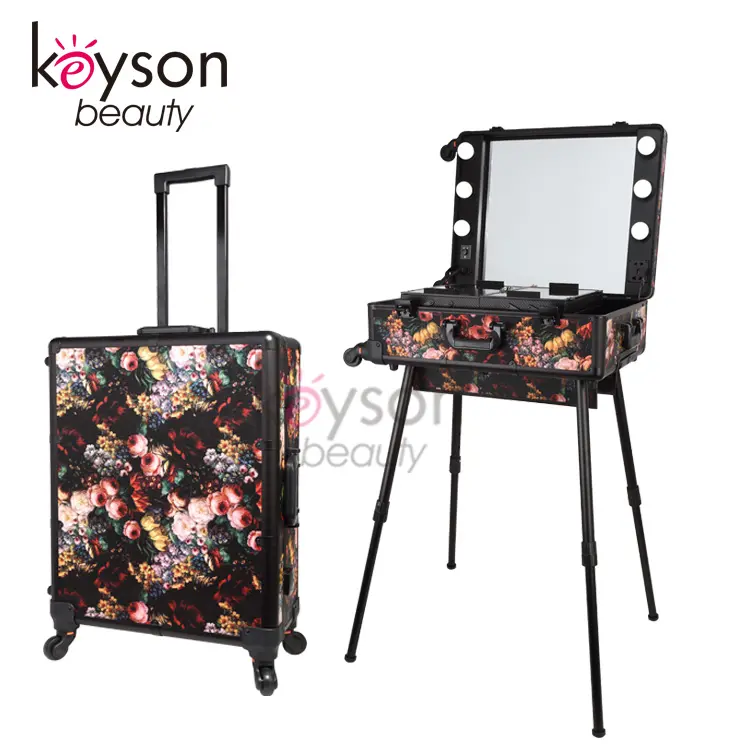 Keyson Fabriek Groothandel Zwarte Bloem Nieuwe Professionele Aluminium Rollende Make-Up Train Case Cosmetische Trolley Met Verlichte Spiegel