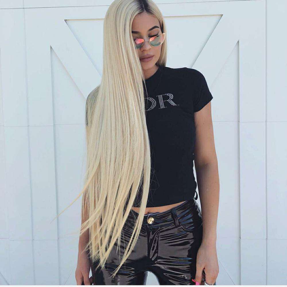 Kyliejenner Wig Renda LED Lurus Panjang, Rambut Manusia Model Pirang Akar Gelap Panjang Mirip 13X4.5 Inci