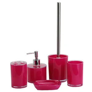 BX Group red cheap 5 PCS plastic bathroom collection lotion dispenser, tumbler, toothbrush holder, soap dish