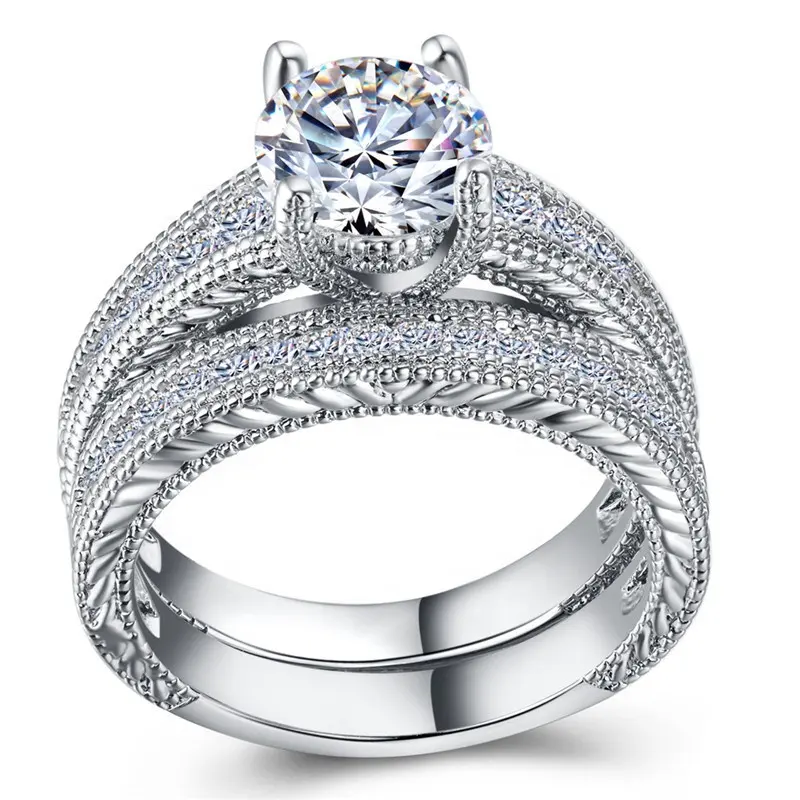 2 unids/set de anillo de lujo para mujer, anillos chapados en plata de platino 925 de circón, joyería de boda al por mayor B1196
