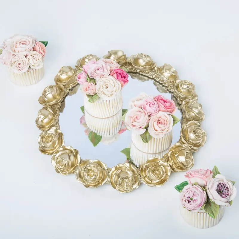 Bandeja redonda luxuosa para decoração, bandeja espelhada rosa com alças, dourada, prateada e chocolate, para casamento, decoração de casa, vidro