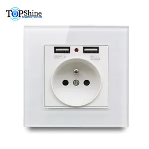 White and Black Glass Panel French Wall Socket with 2.1A 2 x USB Charging Ports