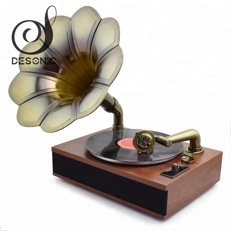 Antique reproduction gramophone with wooden base and brass horn for sale