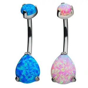 Titanium Double Opal Belly Ring,Teardrop Nickel Free Belly Fashion Navel Curve Button Rings