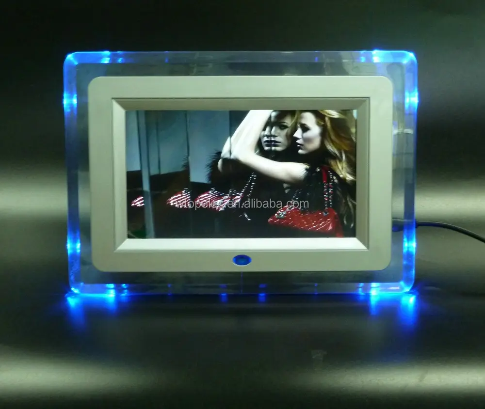 Acrylic frame material wall mounted 1024x600p HD 7 inch digital photo frame with 4pcs blue LED light