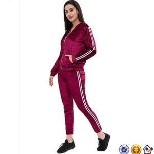 Sports Wine Red Stripe Side <strong>Jacket</strong> and Jogging Pants <strong>Velvet</strong> Trendy Tracksuits for <strong>Women</strong> - Product Image 2