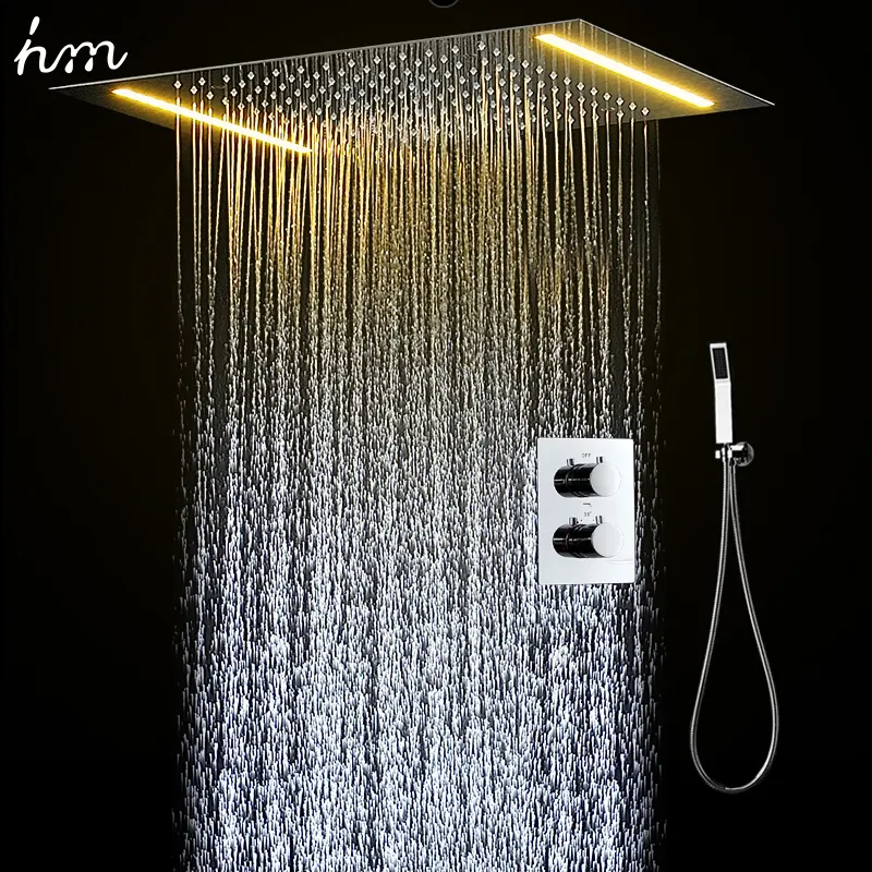 Bathroom LED Shower Faucet Kit 304 Stainless Steel Mirror Finished Rainfall Rain Shower Head Set With Thermostatic mixer Valve