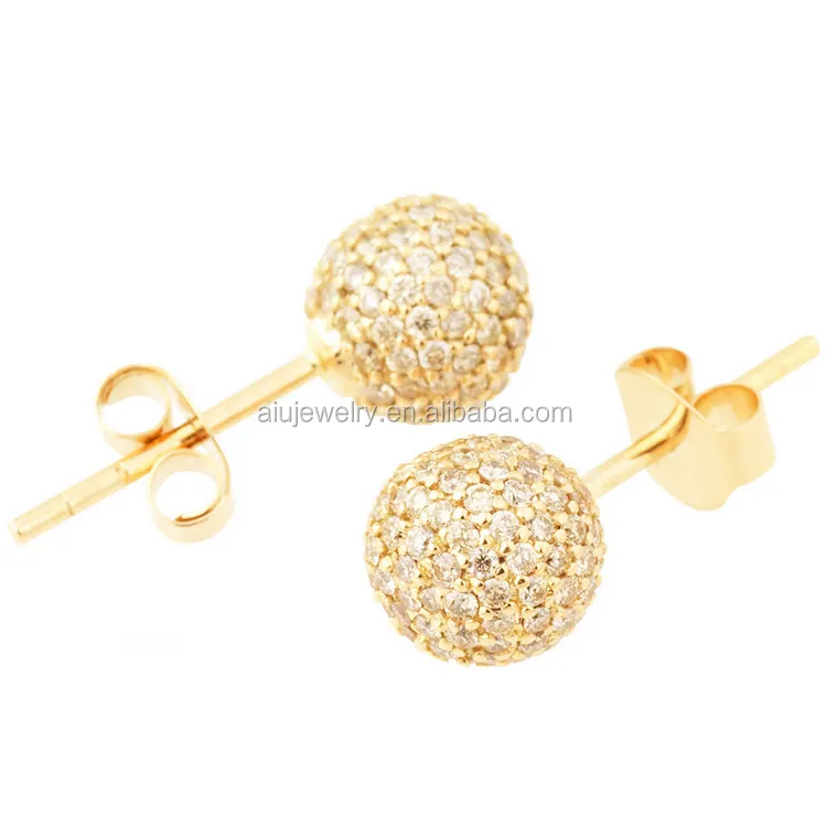 18k yellow gold champagne diamond pave ball earrings studs