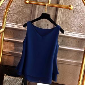 Blus Chiffon Leher V Polos Kemeja Tanpa Lengan Kasual Atasan Blus Musim Panas Wanita Mode 2023 - Product Image 3