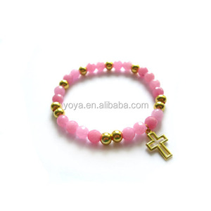BRC2054 Dainty Arm Candy Bracelet con colgante de Cruz abierta chapado en oro de 18 quilates, pulsera de caramelo con cuentas de piedra de jade rosa a la moda - Product Image 1