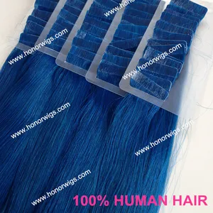 HX98 100% human hair medium blue color 20" length silky straight tape hair extension in stock without express charge