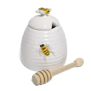 BRT Ceramic ceramic beehive honey pot jar with dipper box 1000pcs Cover M349 ceramic eco friendly storage bottles jars