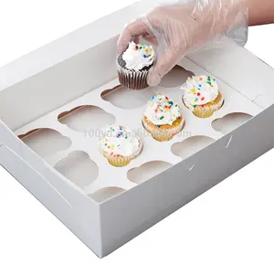 Customized Clear Paperboard Cupcake Boxes 12 6 Pockets Logo Bakery Muffin Cupcake Display Holes Folders Cajas Para Cupcakes