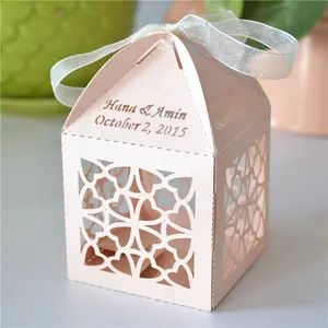 Simple design laser cut heart flower indian wedding sweet favor boxes with ribbon