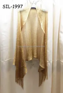 2017 new designer summer india women evening wrap beach pareo shiny metallic gold lurex polyester plain solid tassel scarf shawl