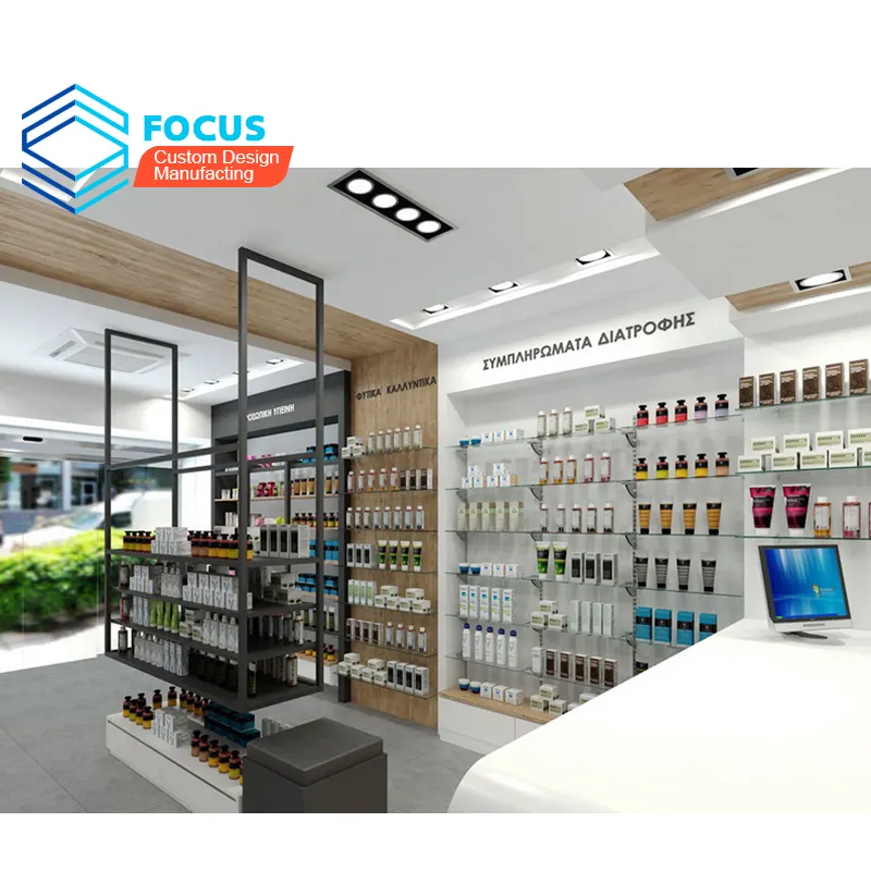 Moderno interior farmacia diseño farmacia madera escaparate diseños de vidrio templado tienda médica muebles para tienda médica