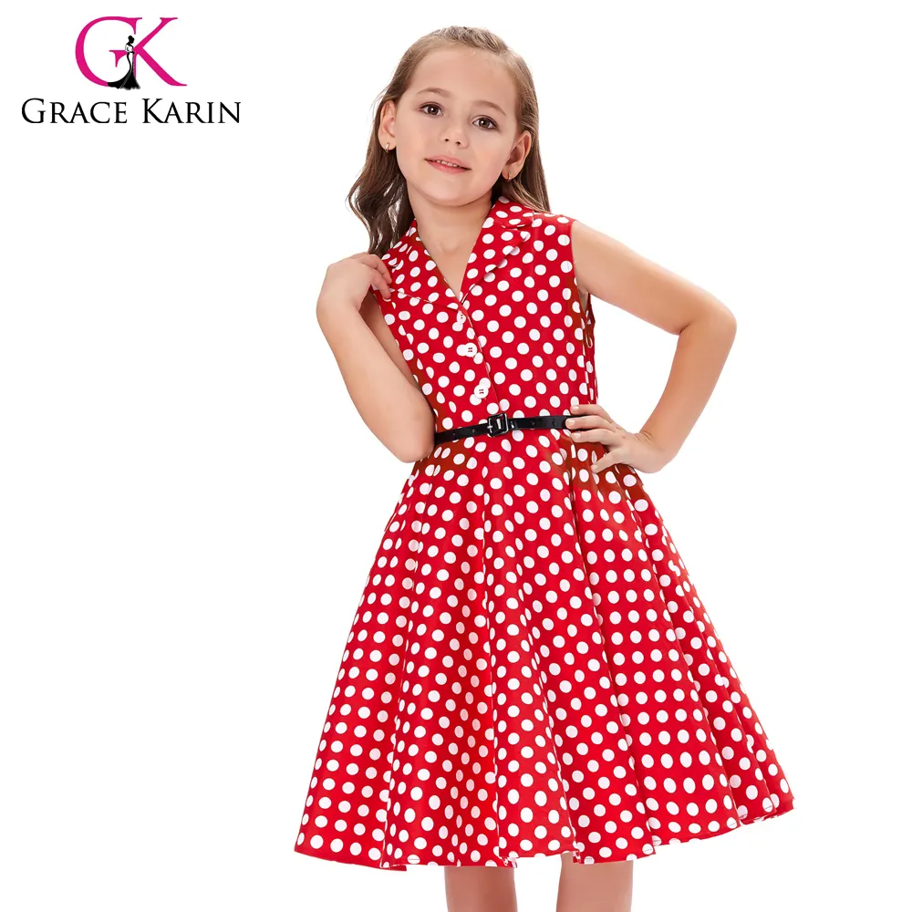 CL009000-3 Grace Karin Kids Sleeveless Lapel Collar Red Polka Dots Summer Vintage Dresses For 10 yrs Girls