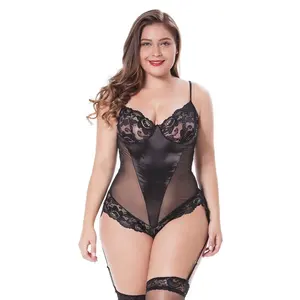 China factory super good quality cheap fat mature women plus size very sexy hot sheer lace and mesh tied lingerie with suspender