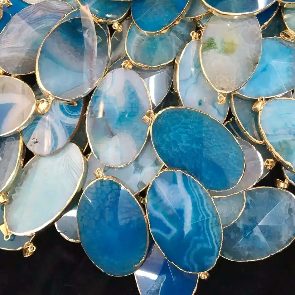 Perles d'agate ovales pour collier, pierres précieuses à facettes lisses, couleur bleue et blanche, connecteur plaqué or, pendentif pour collier, livraison gratuite