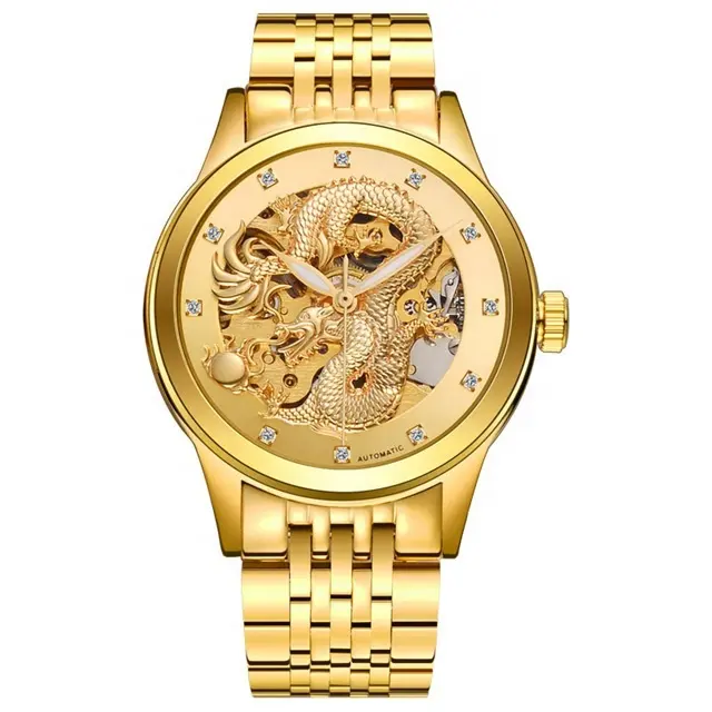 Luxury Golden Bosck Automatic Mechanical Stainless Steel Skeleton Dragon Watch