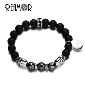 REAMOR 8mm Noir Mat Onyx Hématite Pierre Naturelle Bijoux 316l En Acier Inoxydable Tête De Crâne Perle Bracelet Hématite